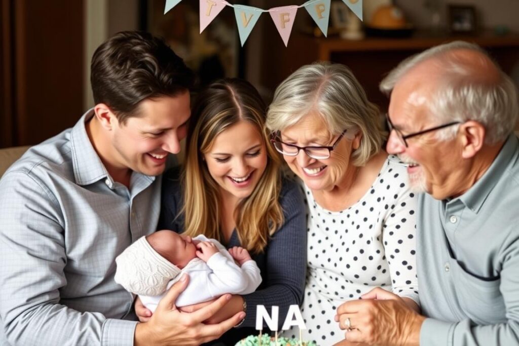 Rodzina świętująca wybór imienia dla nowo narodzonego chłopca Rodzina świętująca wybór imienia dla nowo narodzonego chłopca