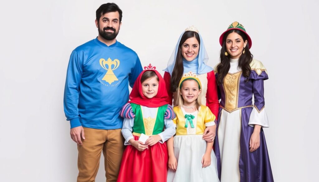 Rodzina w dopasowanych przebraniach DIY inspirowanych postaciami z bajek