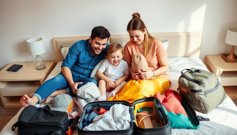 Rodzina z dzieckiem pakująca walizkę na wakacje za granicę