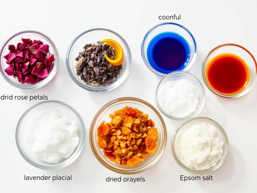 Różne dodatki do kul do kąpieli DIY: suszone płatki róż, lawenda i przyprawy