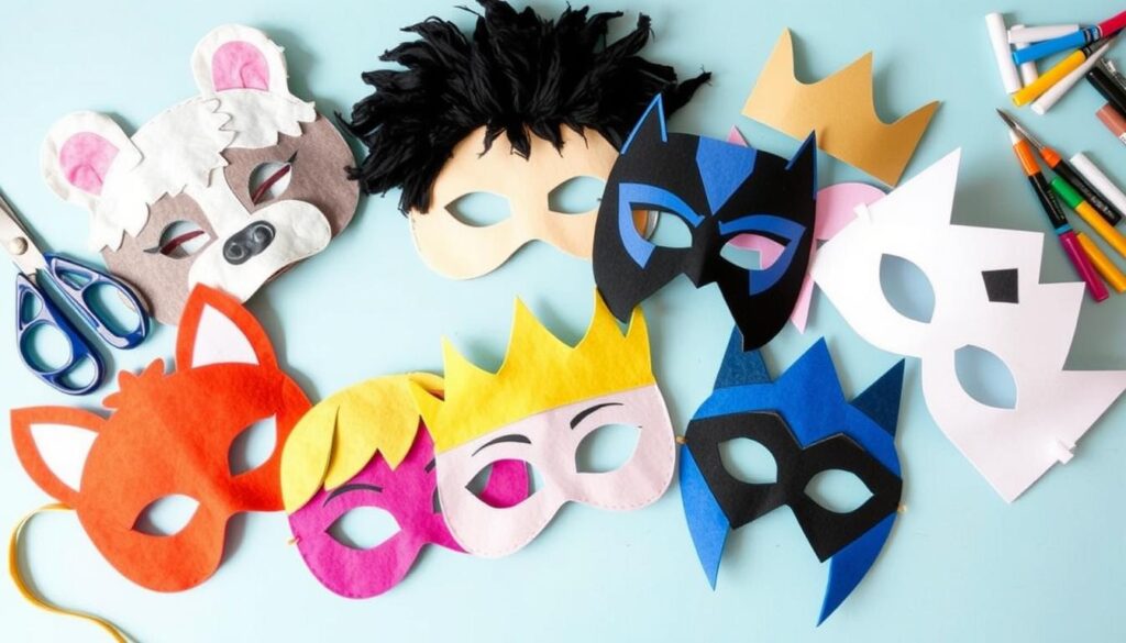 Różne maski DIY inspirowane postaciami z bajek rozłożone na stole