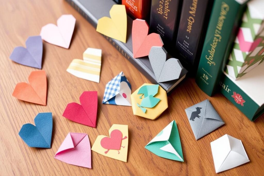 Różne warianty zakładek origami do książki DIY w różnych kolorach