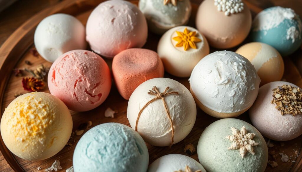 Różnorodne kolorowe kule do kąpieli DIY ułożone w dekoracyjny sposób