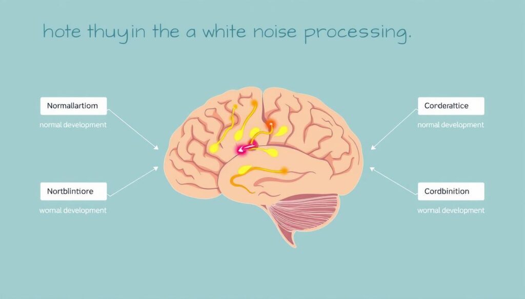 Schemat pokazujący wpływ białego szumu na przetwarzanie słuchowe w mózgu dziecka Schemat pokazujący wpływ białego szumu na przetwarzanie słuchowe w mózgu dziecka