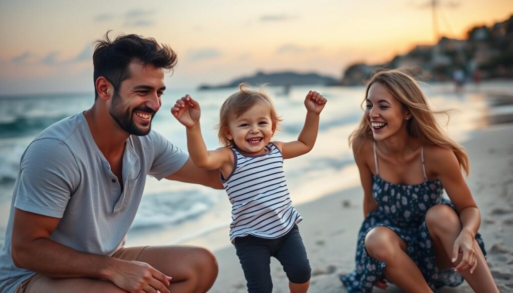 Szczęśliwa rodzina z dzieckiem na wakacjach za granicą