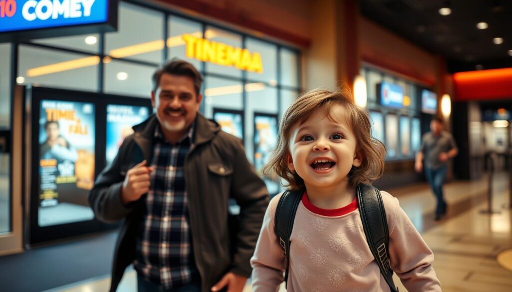 Szczęśliwe dziecko wychodzące z kina z rodzicami - kiedy do kina z dzieckiem