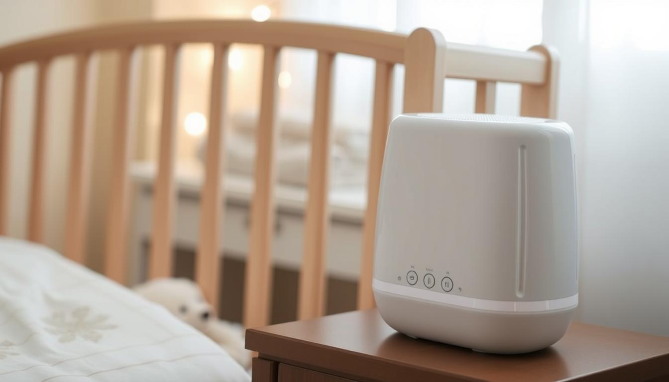 Urządzenie generujące biały szum dla niemowląt stojące obok łóżeczka dziecięcego