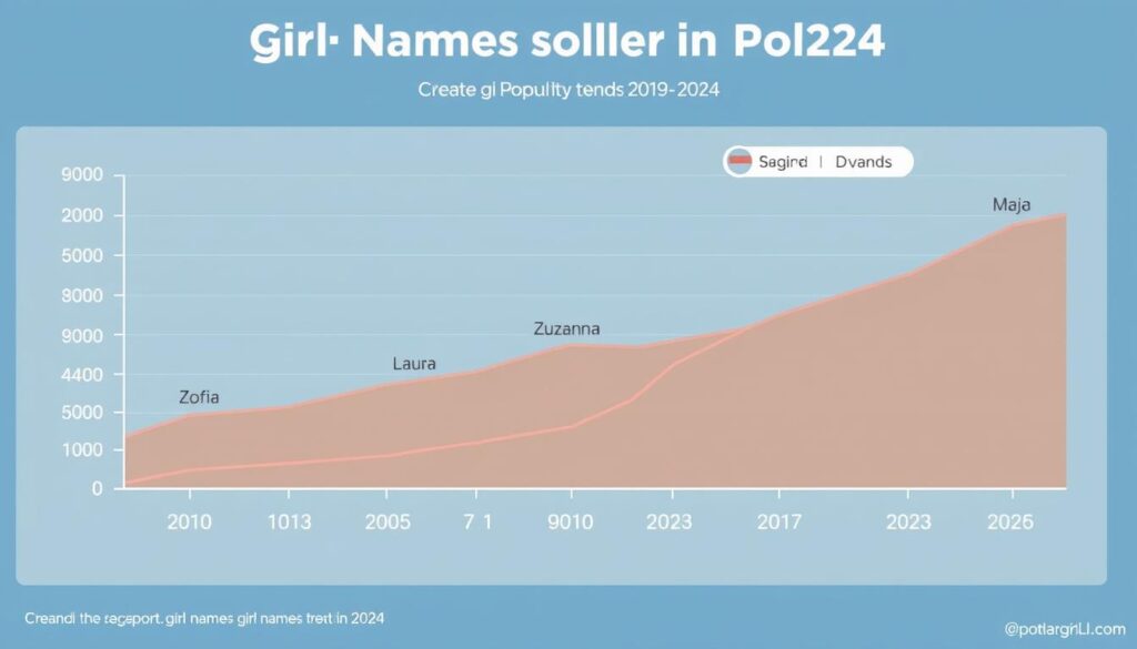 Wykres trendów popularności imion dla dziewczynek w Polsce w latach 2019-2024, pokazujący wzrost popularności imion Maja, Laura i Maria Wykres trendów popularności imion dla dziewczynek w Polsce w latach 2019-2024, pokazujący wzrost popularności imion Maja, Laura i Maria
